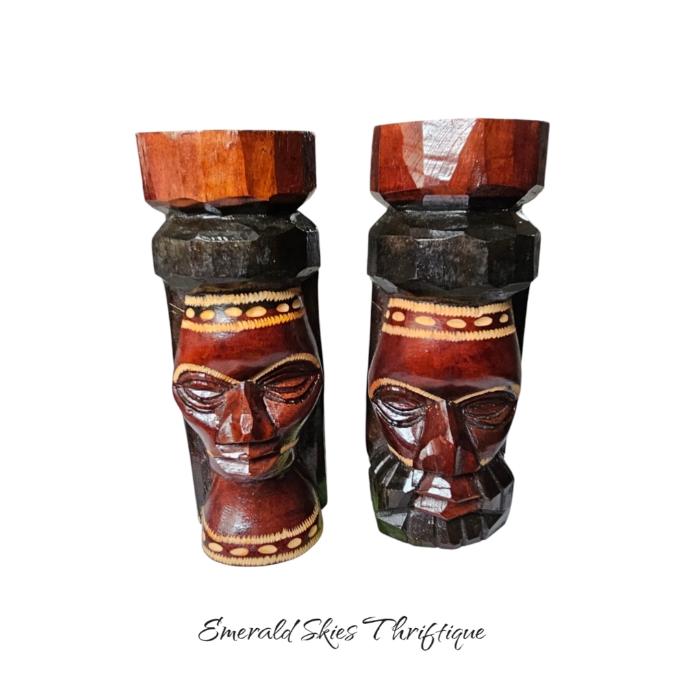 Vintage Jamaican Wooden Hand Carved Totem‎ Statue 7" Man And Woman